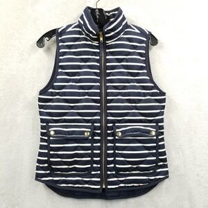 J Crew Puffer Vest Women XS Blue White Striped Down Full Zip Packable Pockets‎